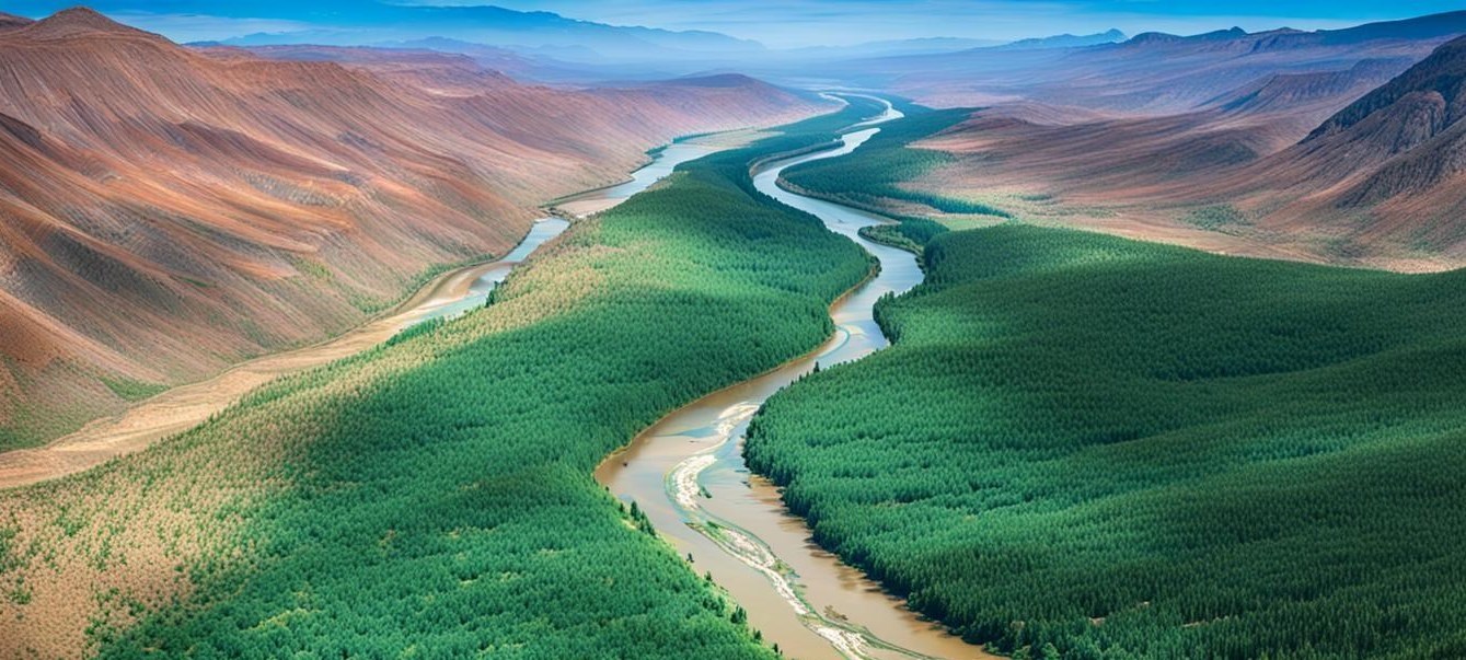 river flowing through the mountains in the desert and the forest